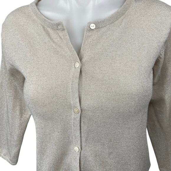 Nice Thing Mini Beige Metallic 3/4 Sleeve Button Crop Cardigan Sweater Top Sz 14 - Picture 3 of 5